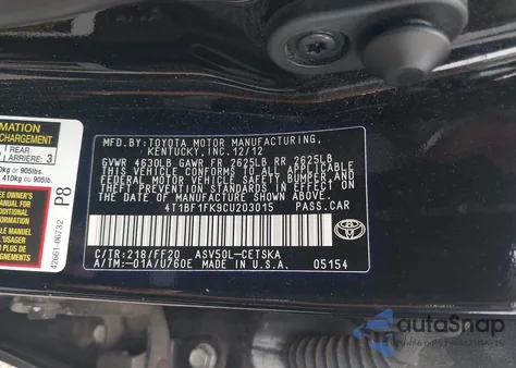 2012 Toyota Camry Se Limited Edition из США, поврежденный, VIN 4T1BF1FK9CU203015